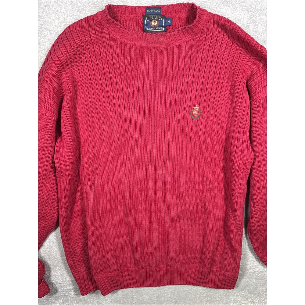 Ralph Lauren Chaps‎ Vintage 100% Wool Cable-Knit Crewneck Sweater Red Size XL - Picture 2 of 9